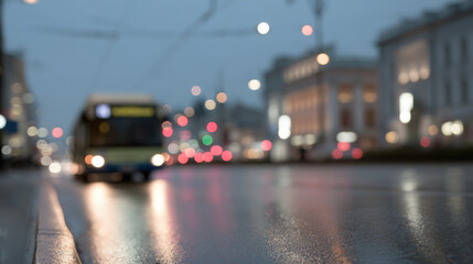 Fototapeta premium trolleybus driving through rainy city street raindrops splashing on pavement focus on trolleybus with blurred city