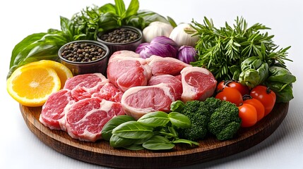 Raw meat cuts arranged on a wooden board with assorted fresh herbs, vegetables, and spices