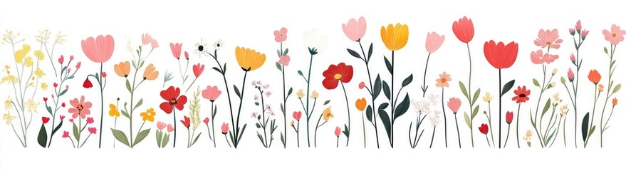 A colorful array of stylized flowers in various shades