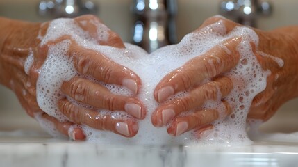 Fototapeta premium Close-up of two hands lathered in rich, white soap suds over a marble sink