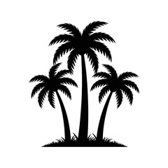 Three black silhouette palm trees standing in grass against a transparent background