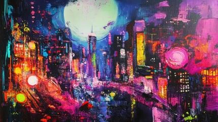 Obraz premium Energetic Urban Canvas: A vibrant cityscape under a luminous celestial glow