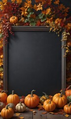 Rustic chalkboard frame overflowing with various sized pumpkins & gourds, autumn leaves ,  style,  wood,  pumpkins