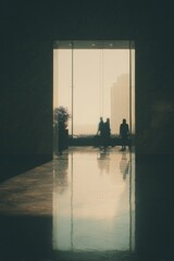 A peaceful morning in an office tower lobby with people arriving early Shoes echo on the marble floor and doors open quietly The mood is calm and steady 