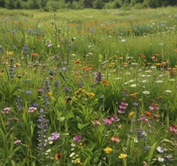 Vibrant summer meadow, wildflowers, buzzing bees, lush grass ,  flora,  illustration
