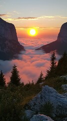 Sunset spectacle over majestic mountains and a sea of clouds