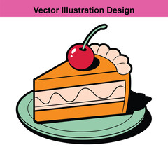 Delicious orange cake slice with cherry vector illustration design