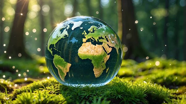 Globe with world map resting on lush green forest floor with sunlight and sparkling particles in nature environment
