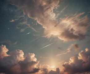 Faded retro sky on distressed paper, wispy clouds, twinkling stars , texture, wallpaper