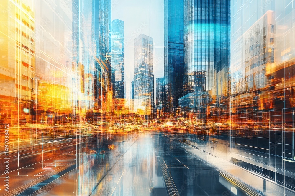 Poster dynamic abstract visuals of city and business evolution integrating with geometric grid patterns.