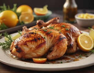 Zesty citrus-marinated chicken, crispy skin, kitchen setting,  high resolution,  healthy eating