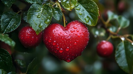 Heart-shaped red fruit with water droplets hanging from a branch among green leaves