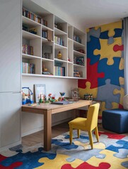 Cozy children's playroom featuring a wooden desk, colorful furniture, and vibrant puzzle wall decor