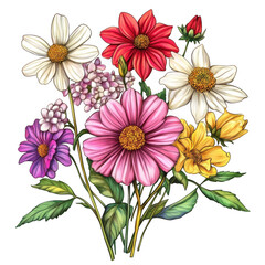 Colorful floral bouquet illustration isolated on transparent background