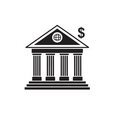 Vector Line Art Illustration of a Classic Bank Building Centered Design with Columns and Dollar Sym.