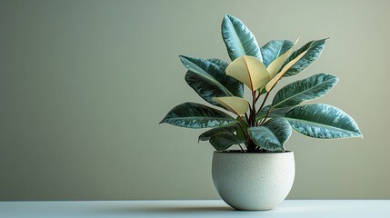 Contemporary plant decor concept with potted rubber plant on white tabletop 
