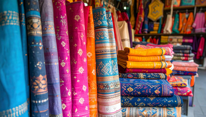 Colorful Fabric Textiles Displayed in a Market Stall