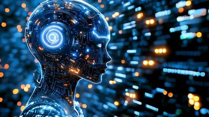 The profile of a cybernetic humanoid or robot. The robot's head and shoulders are covered with a complex network of glowing lines and dots resembling microchips or a neural network. - Powered by Adobe