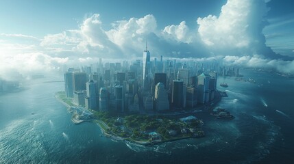 Aerial View of Manhattan Island, NYC: A Stunning Cityscape Under a Dramatic Sky