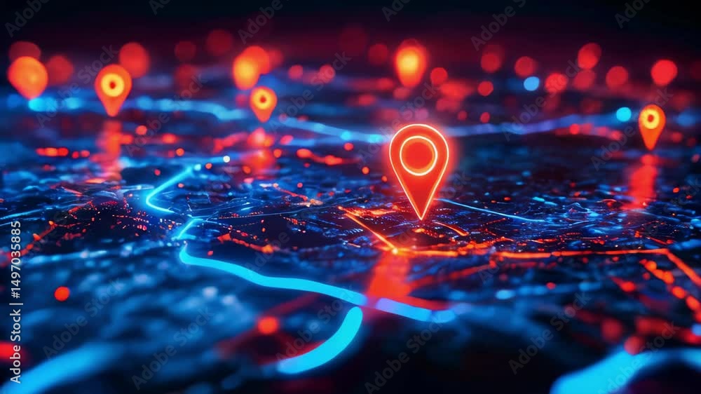 Aufkleber an abstract map with neon elements. on a dark background, there are glowing blue lines resembling ro