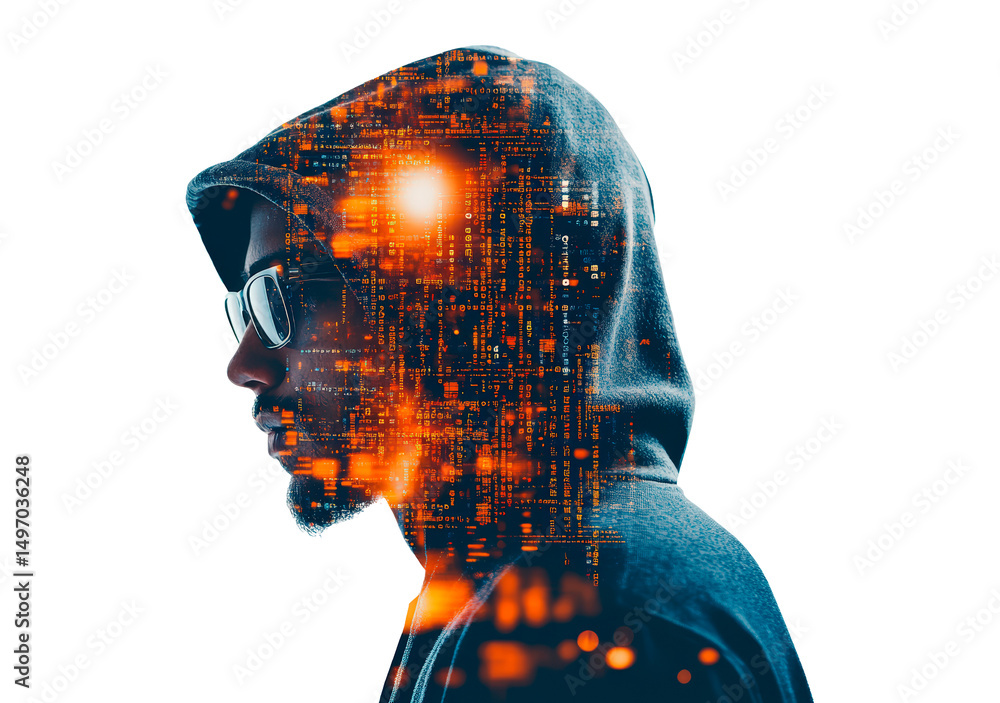 Poster young man in hooded jacket with eyeglasses displays digital overlay and abstract data elements isola