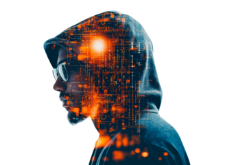 Young man in hooded jacket with eyeglasses displays digital overlay and abstract data elements isolated on transparent background