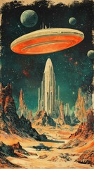 Retrofuturistic Alien Cityscape: A Starship Over a Towering Martian Metropolis