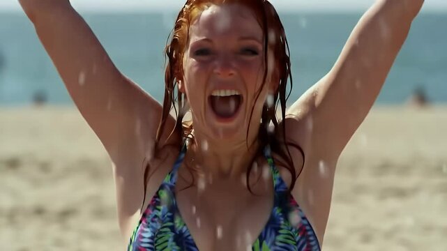 Redhead Joy: Woman Tossing Water on Beach
