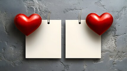 Two blank white cards, each adorned with a glossy red heart, hang against a textured gray backdrop