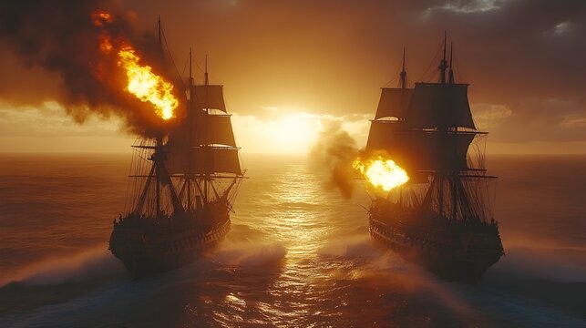 Two majestic sailing ships engage in a fiery naval battle at sunset, waves churning at their prows