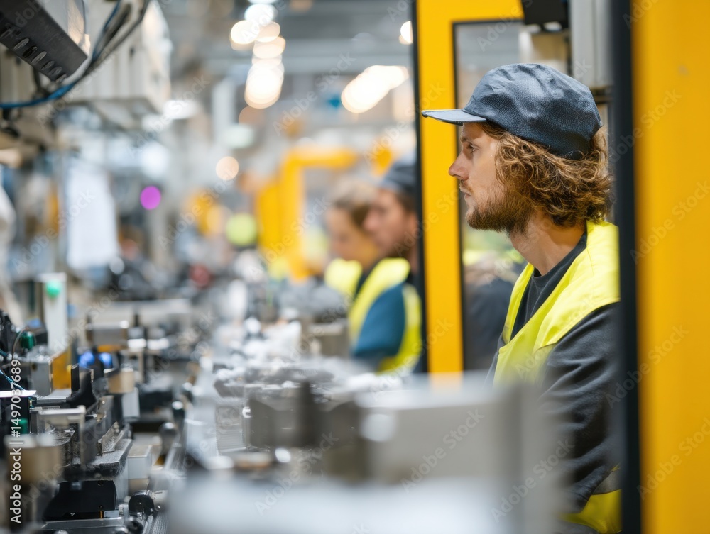 Poster factory worker inspecting assembly line machinery, representing industrial precision and manufacturi
