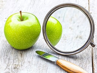 Symmetry Created by a Green Apple Reflected in a Mirror on a Minimal Background.