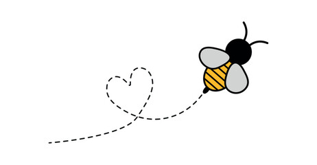 Bee with dotted route trace icon. bee route with heart symbol. bee journey icon. bee travel to fly sign. png and vector illustration of a bee.