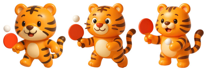 Fototapeta premium PNG Cute tigers playing ping-pong, element set on transparent background