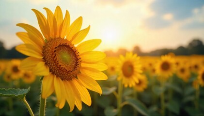 Obraz premium Close-up of a single, vibrant sunflower facing the sun, symbolizing optimism and the promise of a brighter future Perfect for themes of hope, resilience, and new beginnings , flower, growth, garden