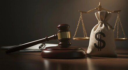 Judge gavel with money bag and gold coin. Concept of auction sale, fraud, and litigation with financial compensation outcome.