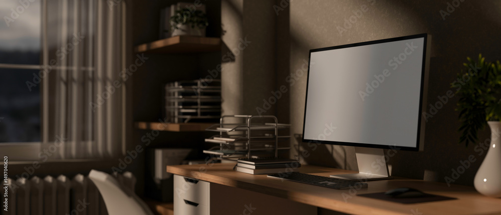 Poster a blank screen computer on wooden table with study or working materials in the dim lit room.