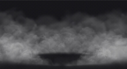 White Smoke effect on transparent dark background. Fog gray cloud above the floor surface with an empty spot