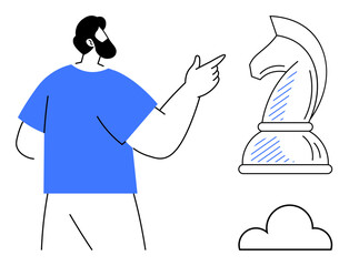 Man in casual attire gesturing toward a large knight chess piece. Ideal for strategy, planning, leadership, decision-making, business analysis, critical thinking, teamwork, flat simple metaphor