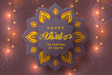 Diwali festival flyer or poster with paper cut style of Indian Rangoli and glowing lights. Pastel violet and purple colors. Vector illustration.