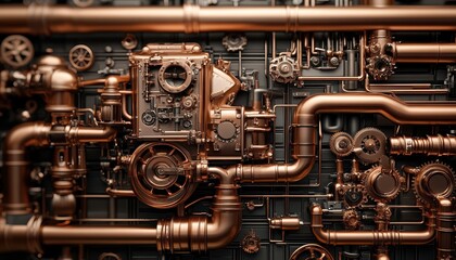 Komplexes Kupferrohrsystem und Zahnräder - Steampunk-Ästhetik