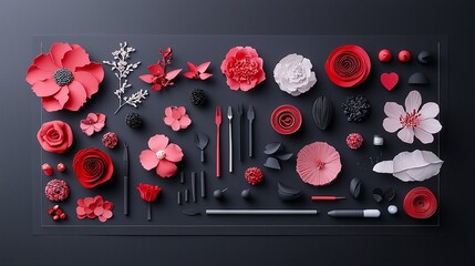 Red and Pink Paper Flowers and Craft Tools on Dark Surface