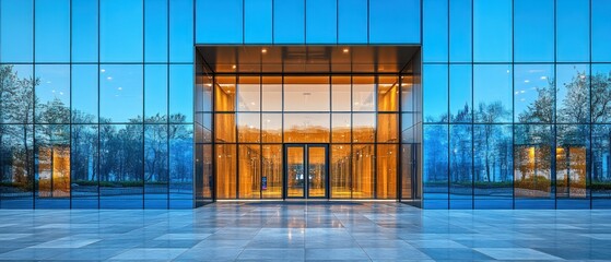 Modern Office Building Entrance at Dusk