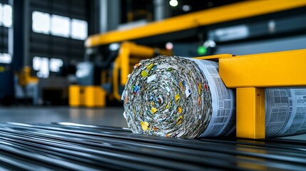 A close shot of a paper bailer compressing old newspaper, with hydraulic cylinder, sensor cables, and bale ejection ramp visible in a clean factory bay