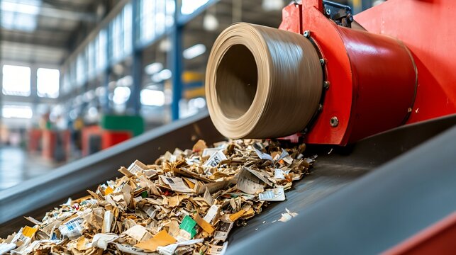A close shot of a paper bailer compressing old newspaper, with hydraulic cylinder, sensor cables, and bale ejection ramp visible in a clean factory bay
