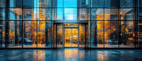 Modern Glass Building Entrance at Night
