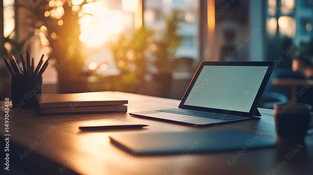 Poster ultra-thin next-gen tablet displayed in a creative workspace with right side copy space and defocuse