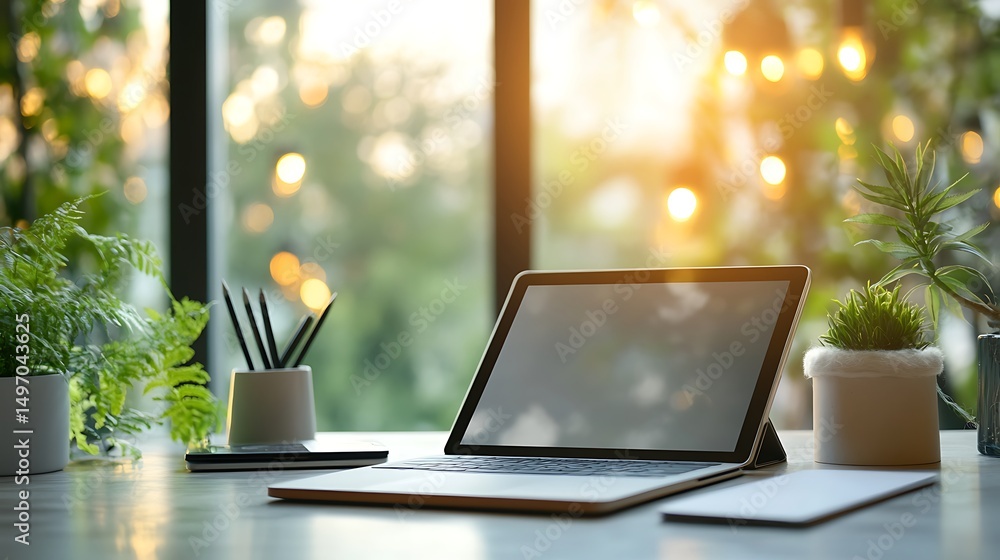 Poster ultra-thin next-gen tablet displayed in a creative workspace with right side copy space and defocuse