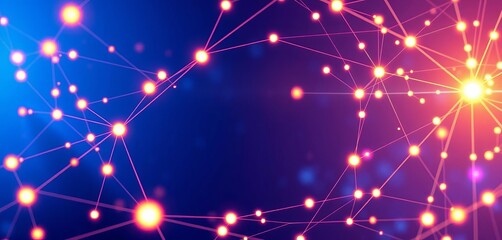 Abstract futuristic wide communication network, glowing nodes and lines on a blue background,  technology background, network