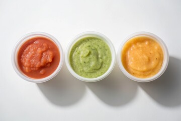 Baby Food Packaging Three colorful sauces in clear containers on a neutral background.